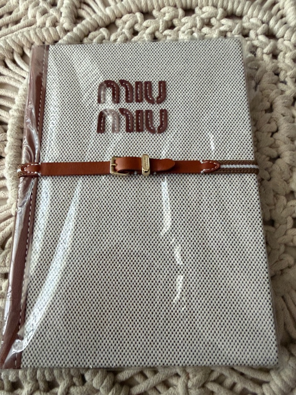 NEW Miu Miu Beige Textured Notebook Cover with Brown Trim, Wrapped